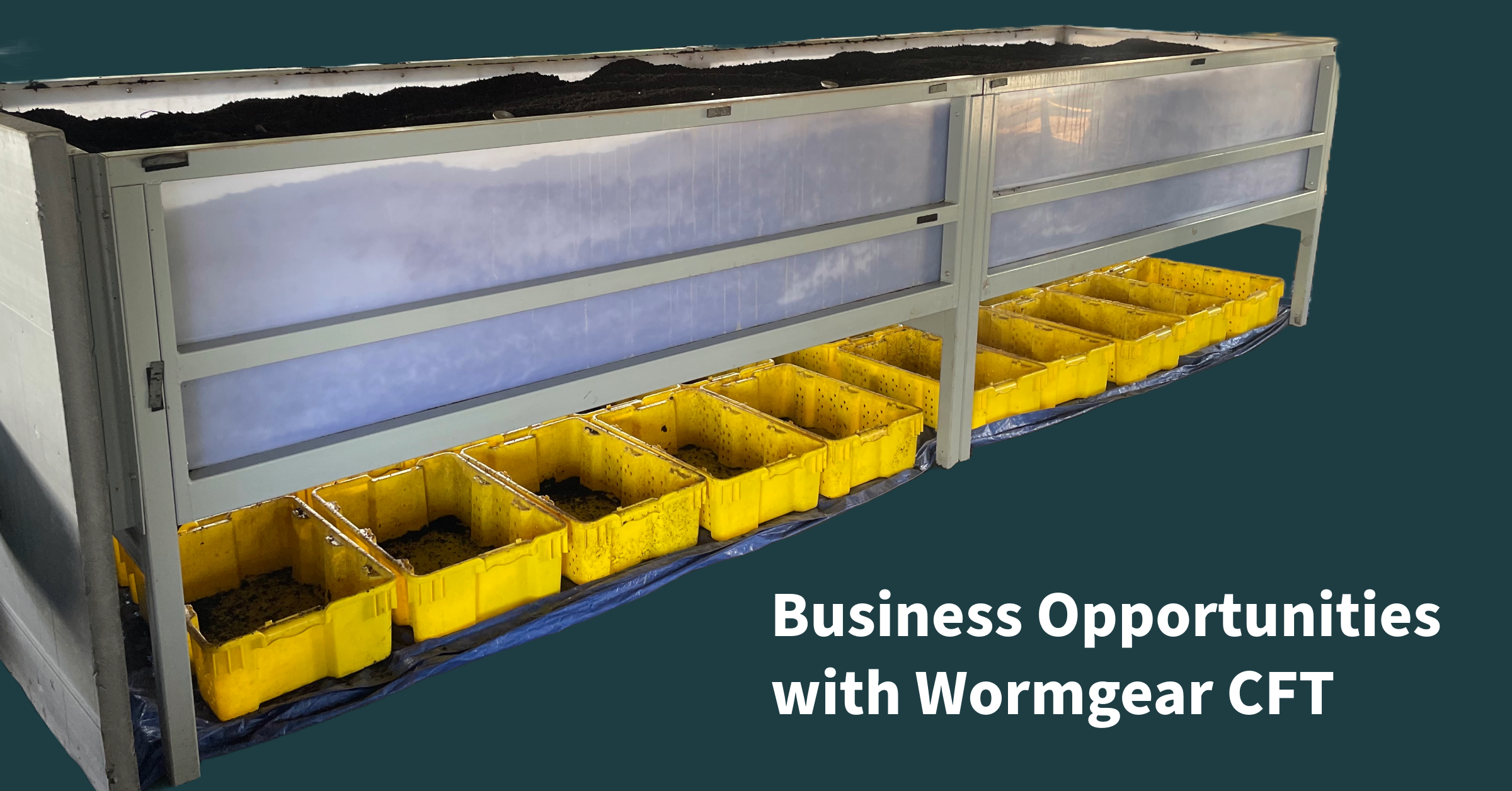 Wormgear continuous flow-through (CFT) composting system with yellow collection bins underneath, highlighted by the text 'Business Opportunities with Wormgear CFT', indicating a professional and efficient solution for compost production.